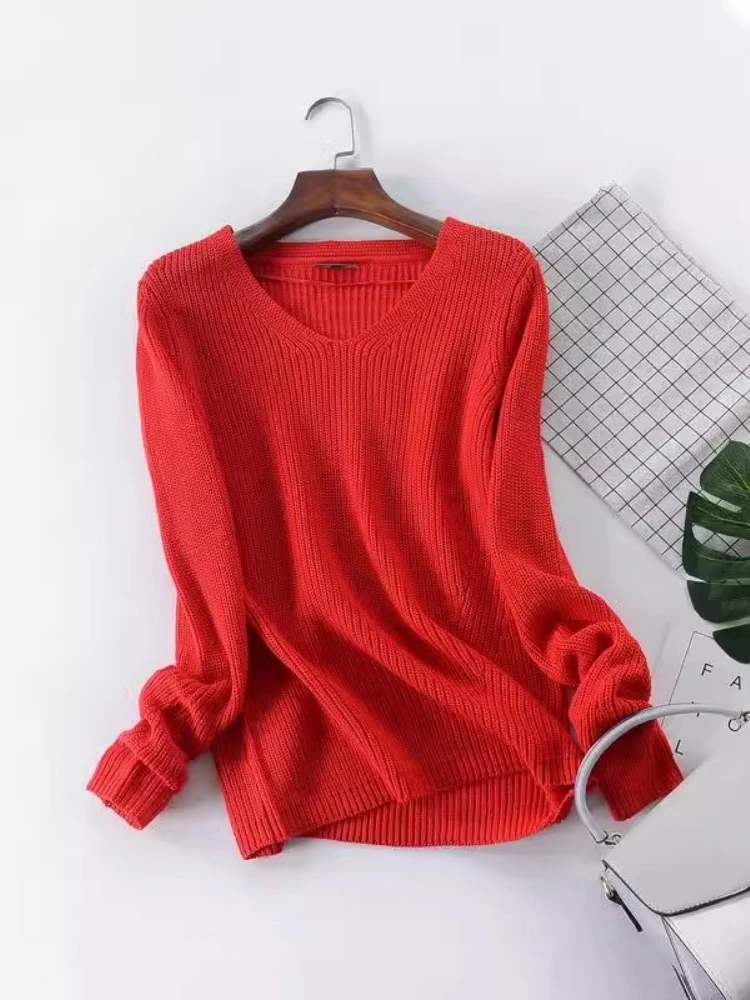 

Теплый хлопковый вязаный свитер с v-образным вырезом, пуловер для похудения, большой размер, базовый слой, осенне-зимняя модная женская одежда