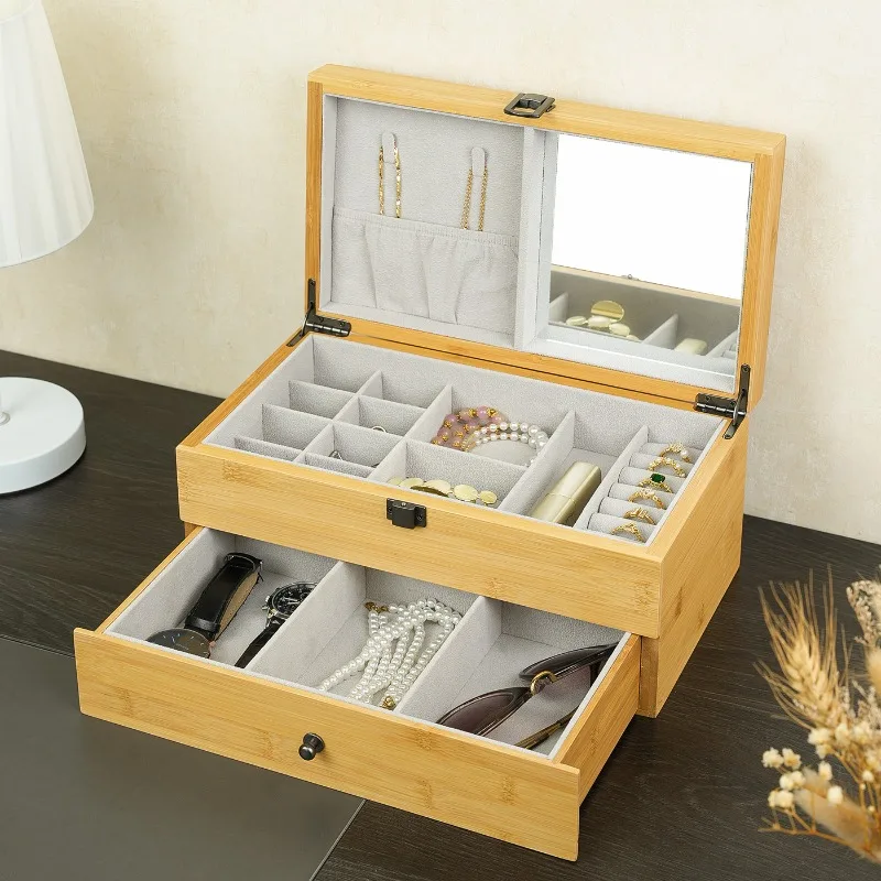 

Wooden Jewelry Box Luxury Necklace Ring Earrings Display Case Bracelet Glasses Watch Storage Box with Mirror Jewellery Container