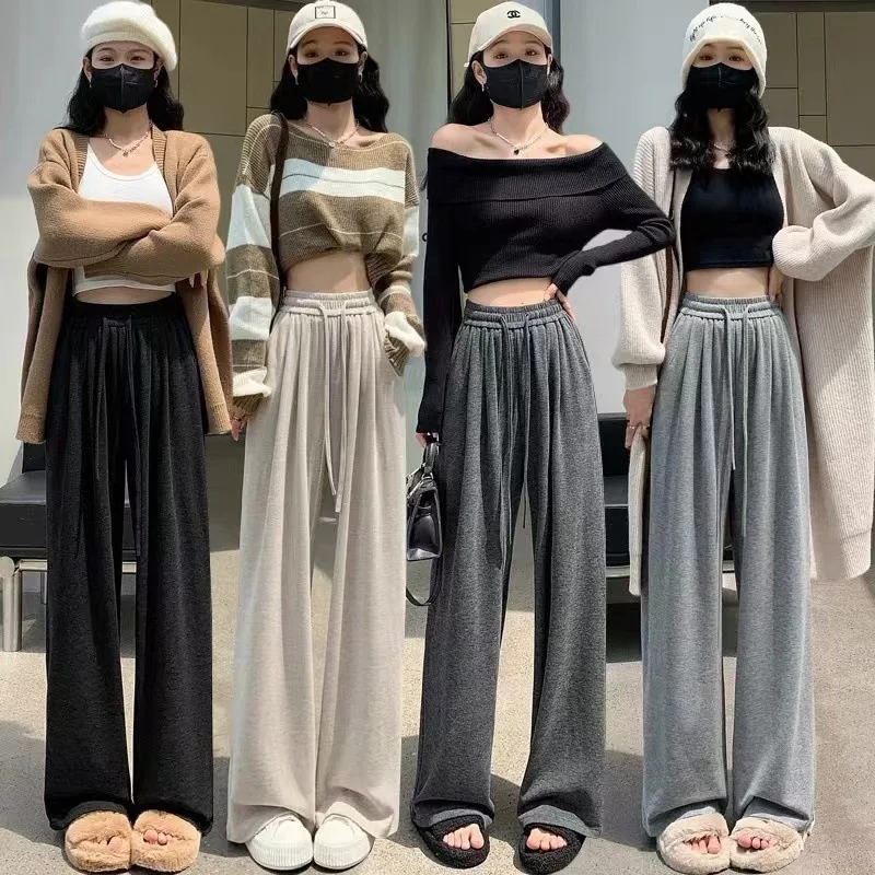 Women's autumn and winter new pants with plush straight tube hanging feeling, lazy and loose wide leg casual pants
