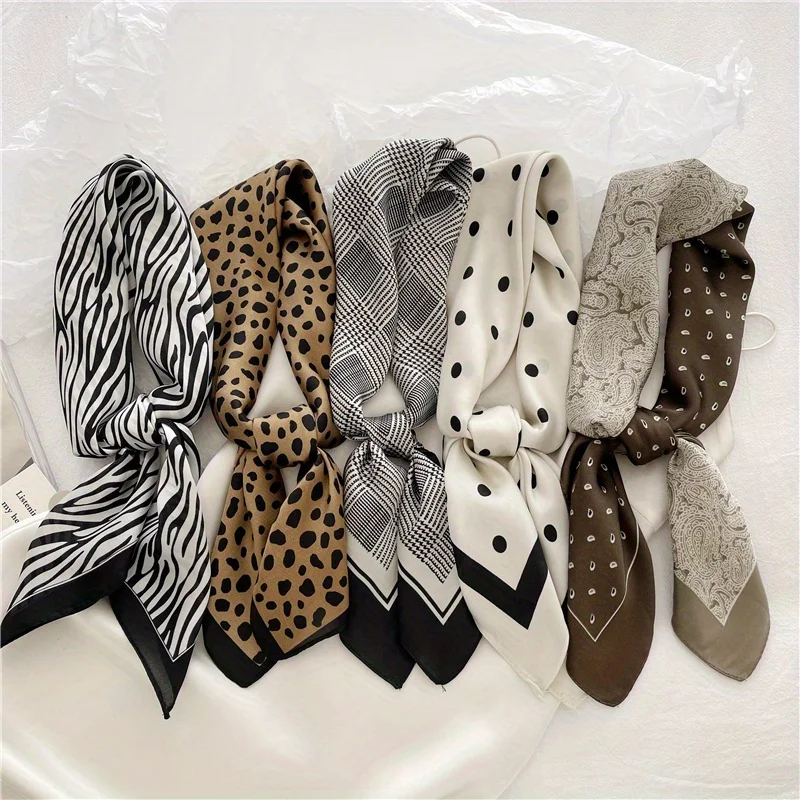 1Pc Women Vintage Print Scarf Houndstooth Zebra Chiffon Silk Feeling Headbands Bandana Bag Neckerchief Hijab