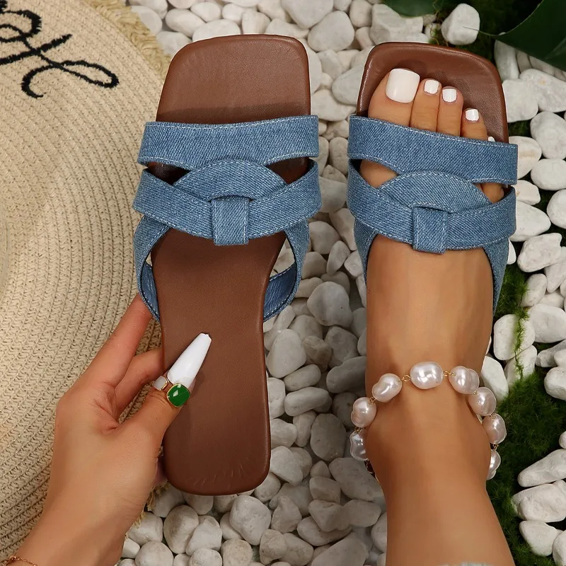 2024 Summer Flat Bottom Women\'s Slippers Designer Casual Slides Light Low Heel Square Head Cross Denim Sandals Plus Size Shoes