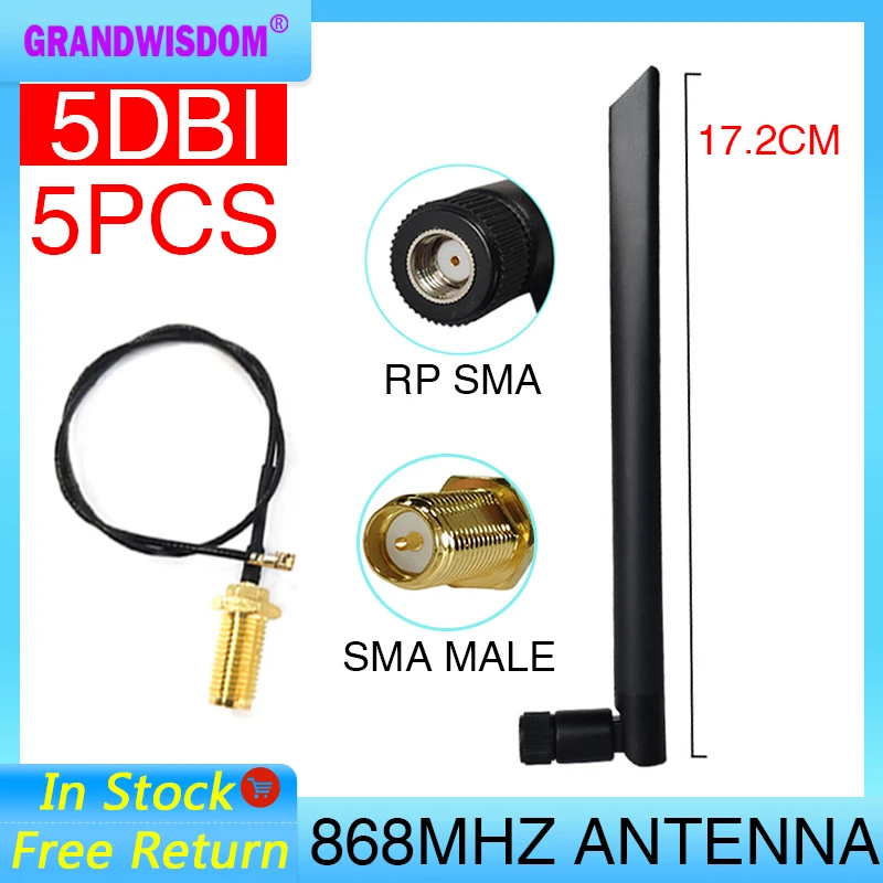 

GRANDWISDOM 5pcs 868mhz antenna 5dbi sma female 915mhz lora module lorawan antene ipex 1 SMA male pigtail Extension Cable