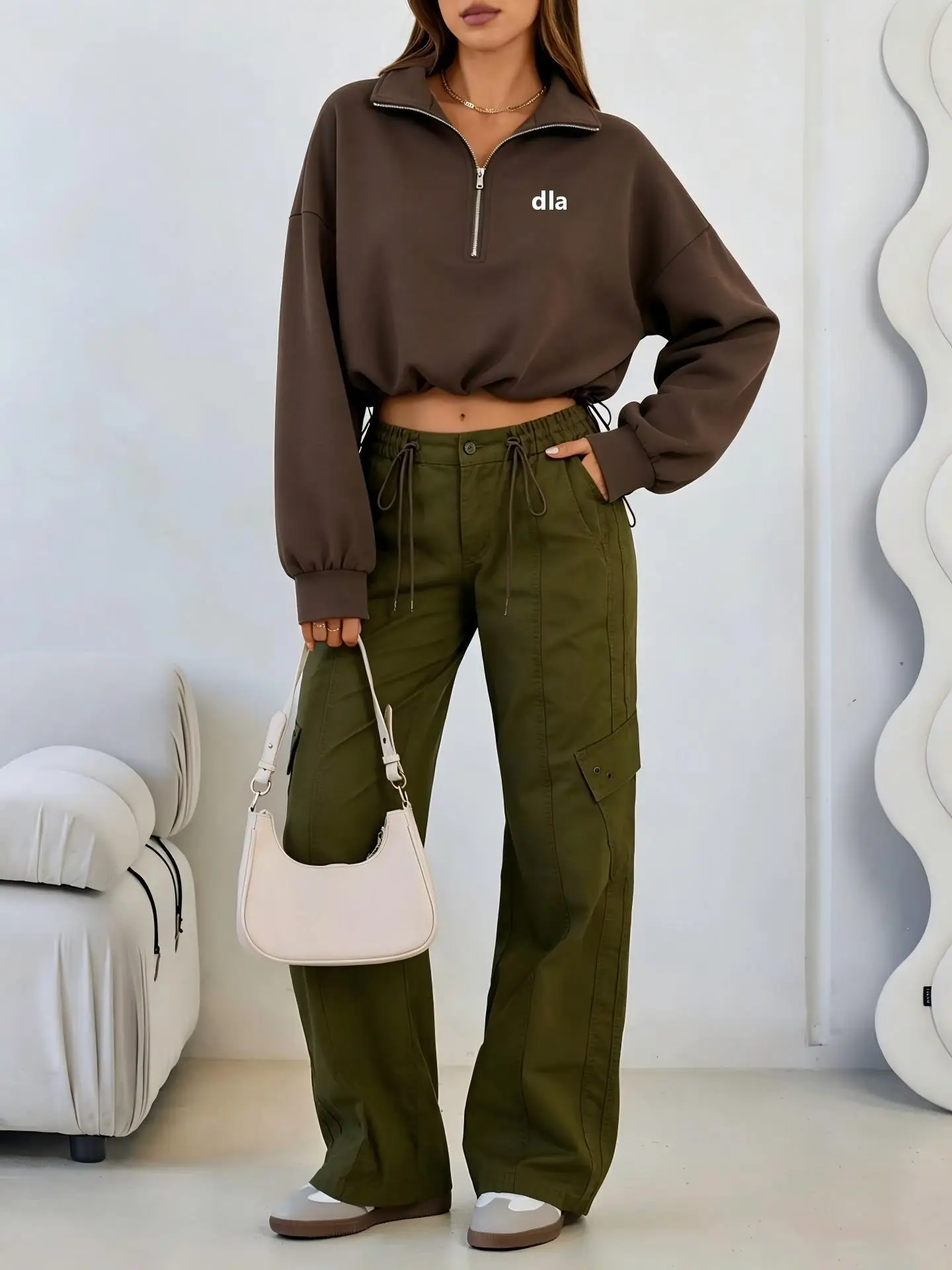 2026 Women's Solid Color Half-Zip Collar Short Sleeve Sweatshirt with Loose Fit and Adjustable Waist for Fitness Clothing