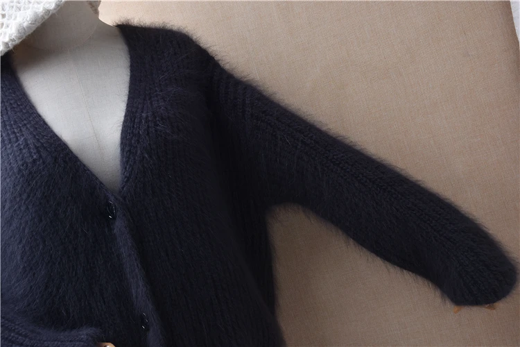 Ladies Women Autumn Winter Clothing Hairy Mink Cashmere Knitted V-Neck Long Sleeves Loose Cardigans Angora Fur Sweater Jacket