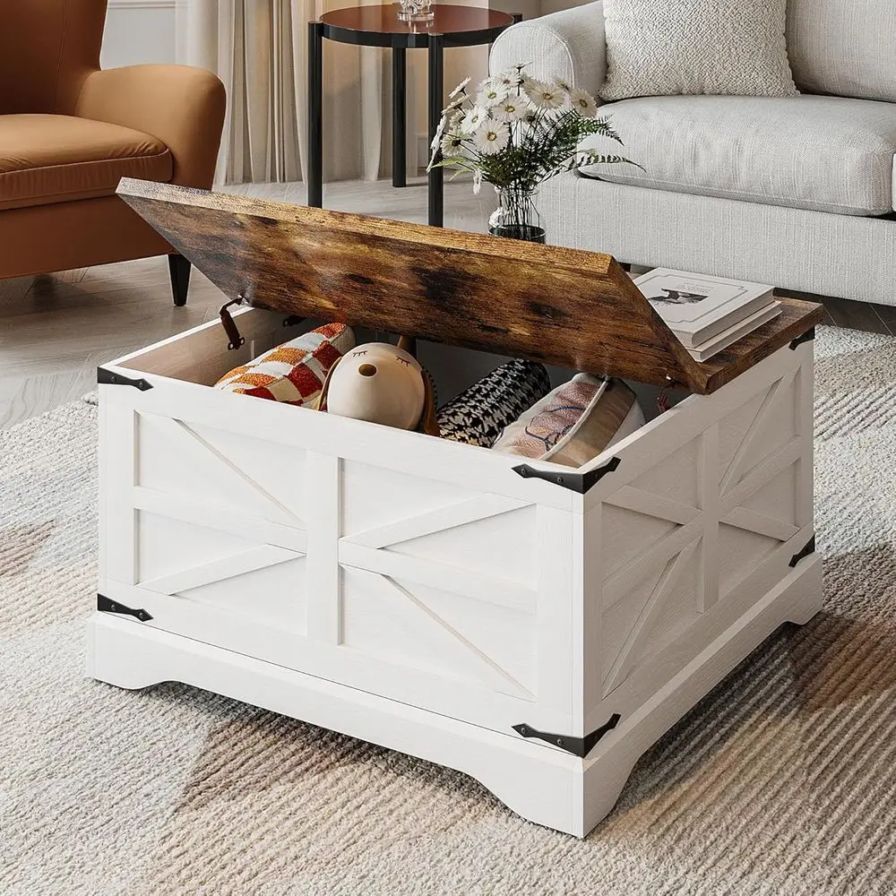Coffee Table with Storage, Square Coffee Tables for Living Room, Rustic Wood Center Table with Hinged Lighting Tabletop, White