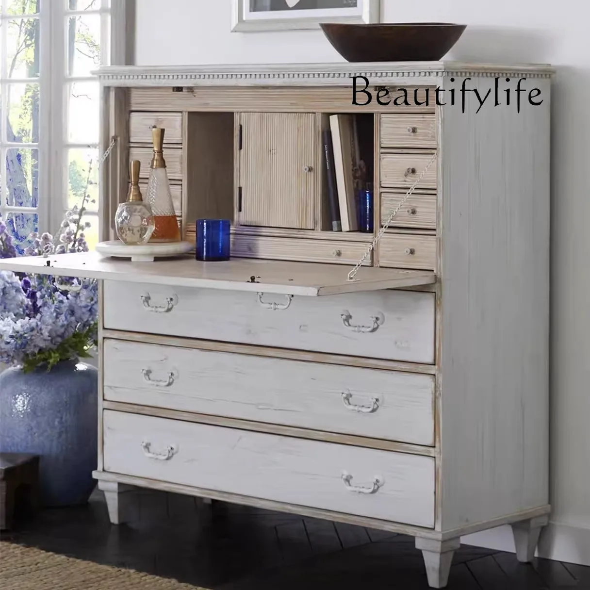French retro solid wood multi-functional chest, living room against the wall, large-capacity locker, American bedroom flip dress