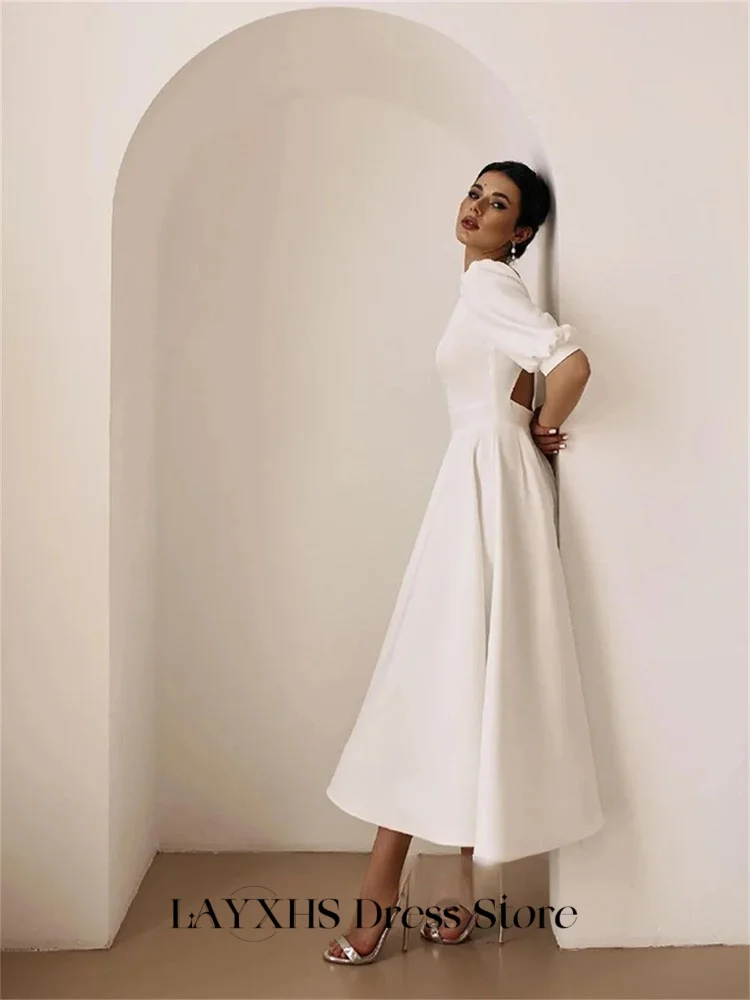 LAYXHS-vestidos de Noche sencillos, corte en A, cuello redondo, media manga, botones, espalda descubierta, vestidos de graduación plisados, batas de fiesta personalizadas