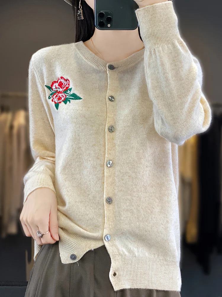 

Women's Warm O-neck Embroidery cardigan Sweater Autumn Winter Grace Long Sleeve Temperament 100% Merino Wool Knitted Clothing