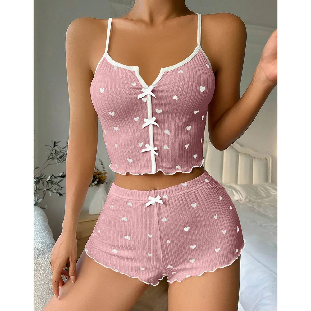 1set Ladies' Heart-shaped Printed Pajama Set Casual Contrasting Color Home Suspender Pajama Set Sleeveless CamiTop Shorts