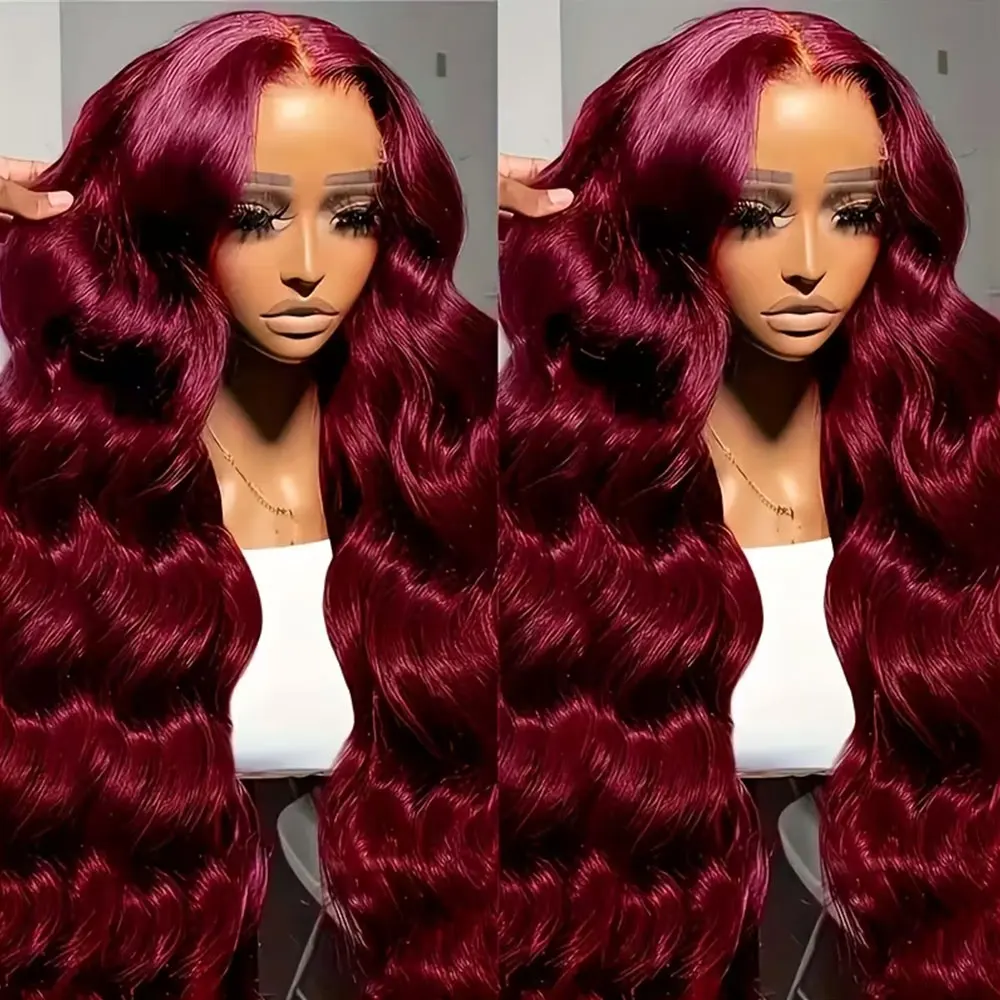 250% 99j bordeaux perruque de cheveux humains 34 pouces 13x4 HD dentelle frontale vague de corps cheveux humains pour femme perruques 100% cheveux humains brésiliens