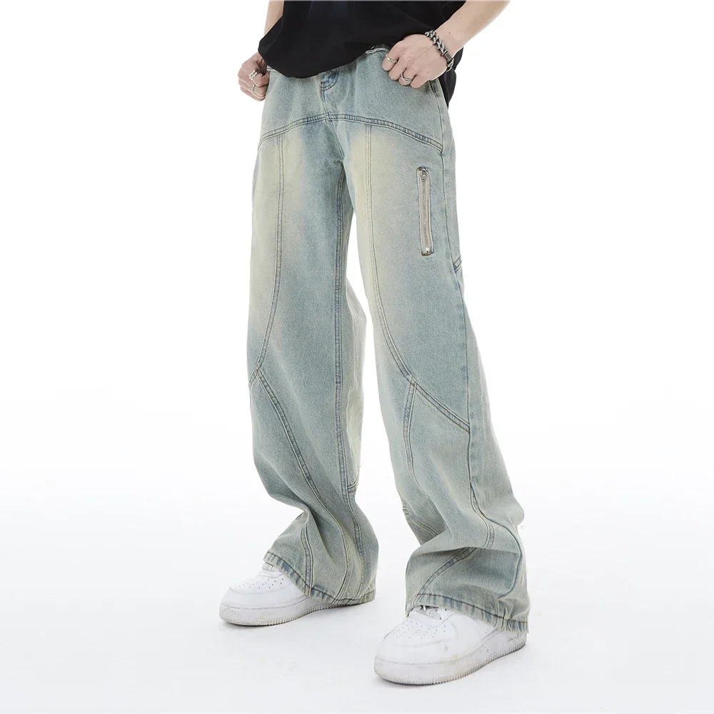 

Baggy Jeans Men Wide Leg Straight-leg Topstitched Seam Solid Unisex Dance Hip Hop Rap Loose Trousers Y2k High Street Denim Pants