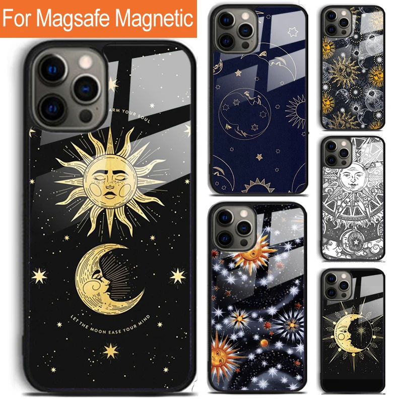 Celestial Mosaic Sun Moon Phone Case For iPhone 16 15 14 13 12 11 Pro Max Plus Magsafe Magnetic Wireless Charging Cover