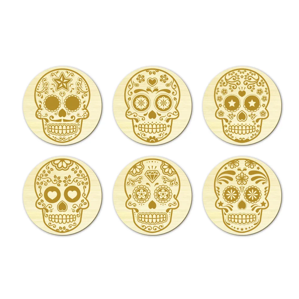 

Set of 6 Dia de los Muertos Engraving Coasers For Home Bar Mexican Party Decor Floral Sugar Skulls Day of the Dead Wood Cup Mats