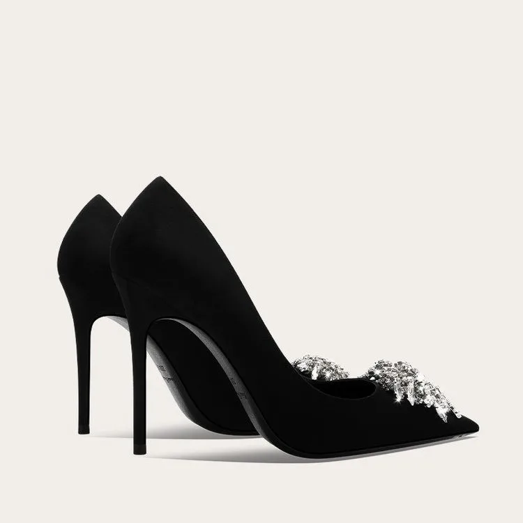 حذاء مرتفع فرنسي بكعب منخفض بتصميم متخصص للنساء مع شرابات وأحجار الراين وأطراف مدببة وكعب رفيع، وهو مثير #4