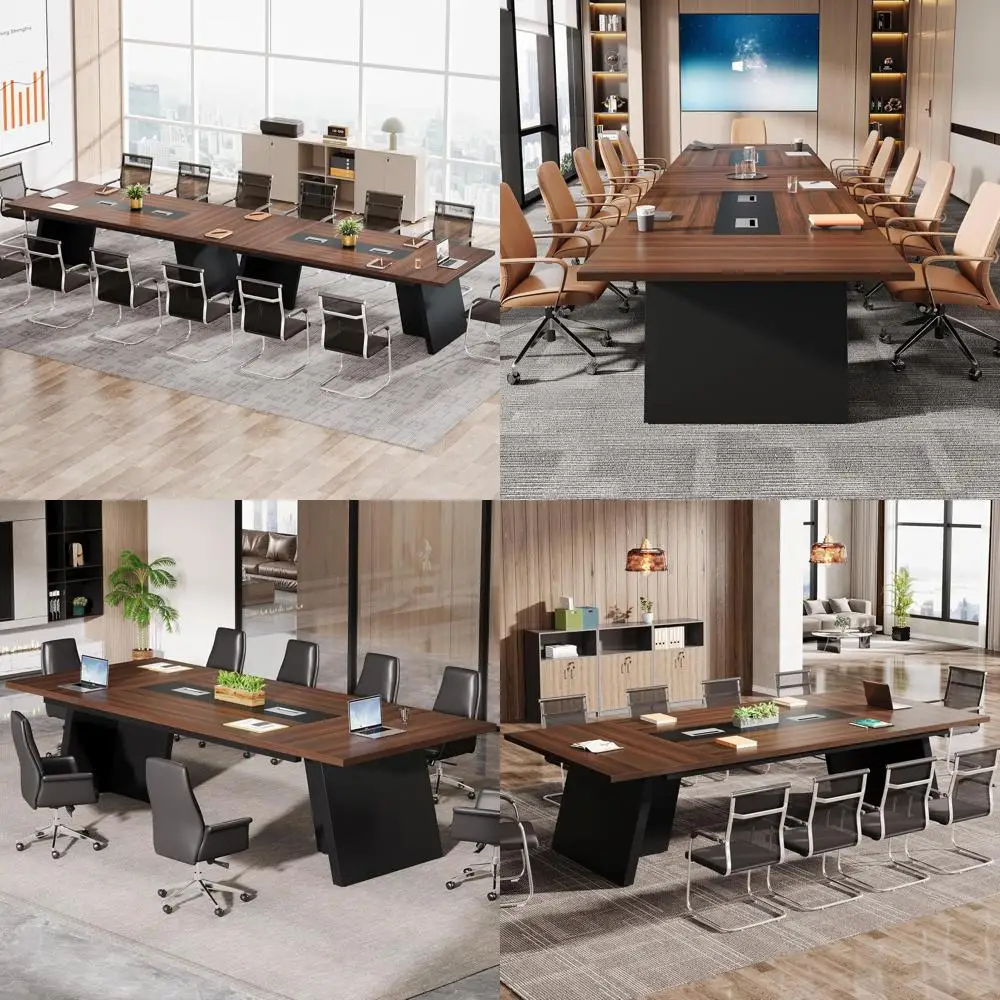 

Большой конференц-стол из орехового и черного цвета с кабелем для офисных встреч и настольных комнат