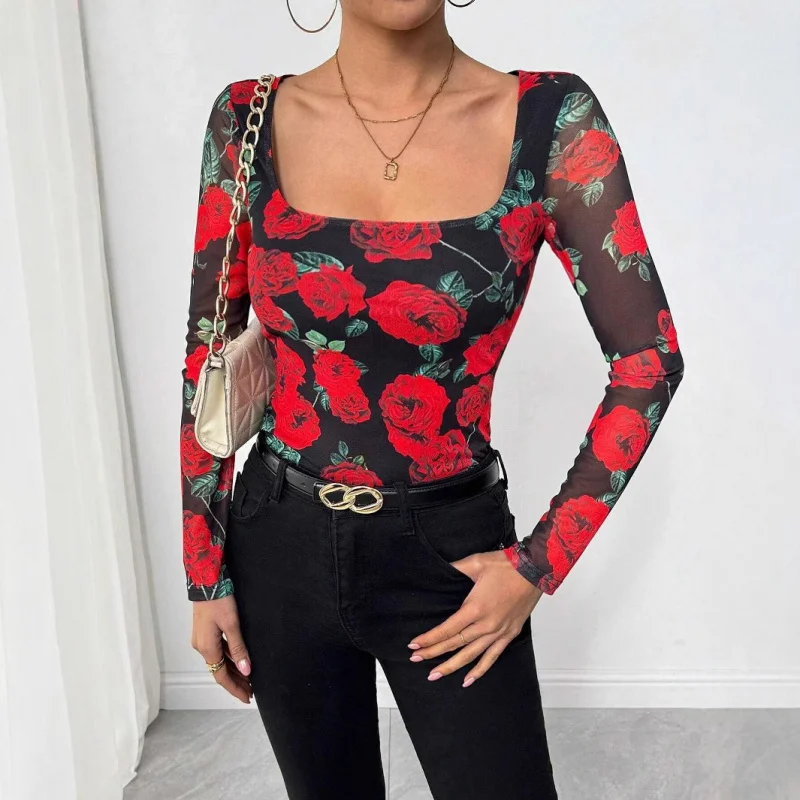 

European and American New2025New Spring/Summer Women's French Romantic Rose Floral Mesh Print SexyUCollarTT-shirt