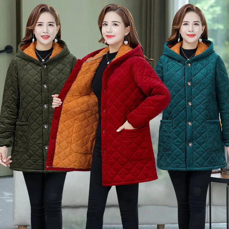 

New Middle-Aged Womens Cotton Coat Winter Plus Fleece Thicke Overgarment Warm Coats Female Hooded Parker Outerwear Padded Jacket