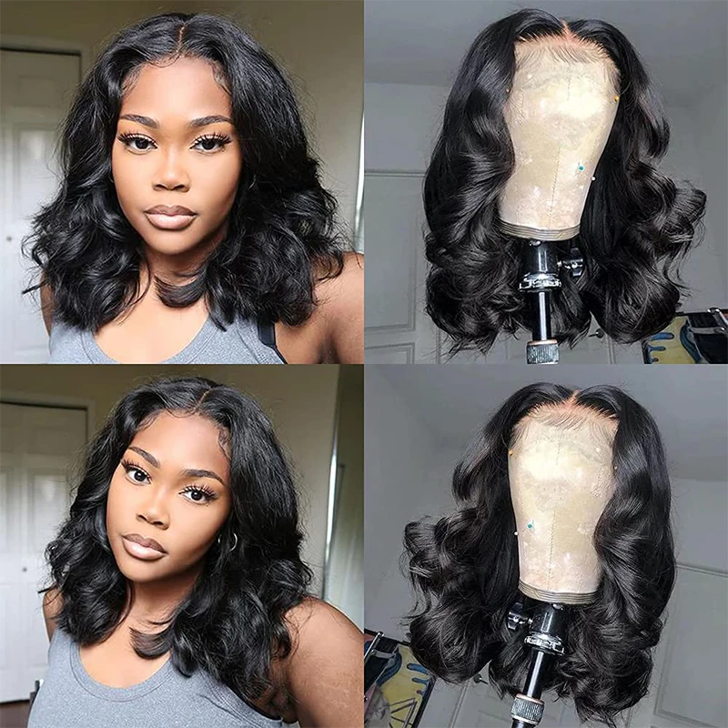 Onda do corpo curto bob peruca 180 densidade 13x4 frente do laço peruca de cabelo humano 16 Polegada 100% cabelo remy brasileiro pré arrancado com cabelo do bebê