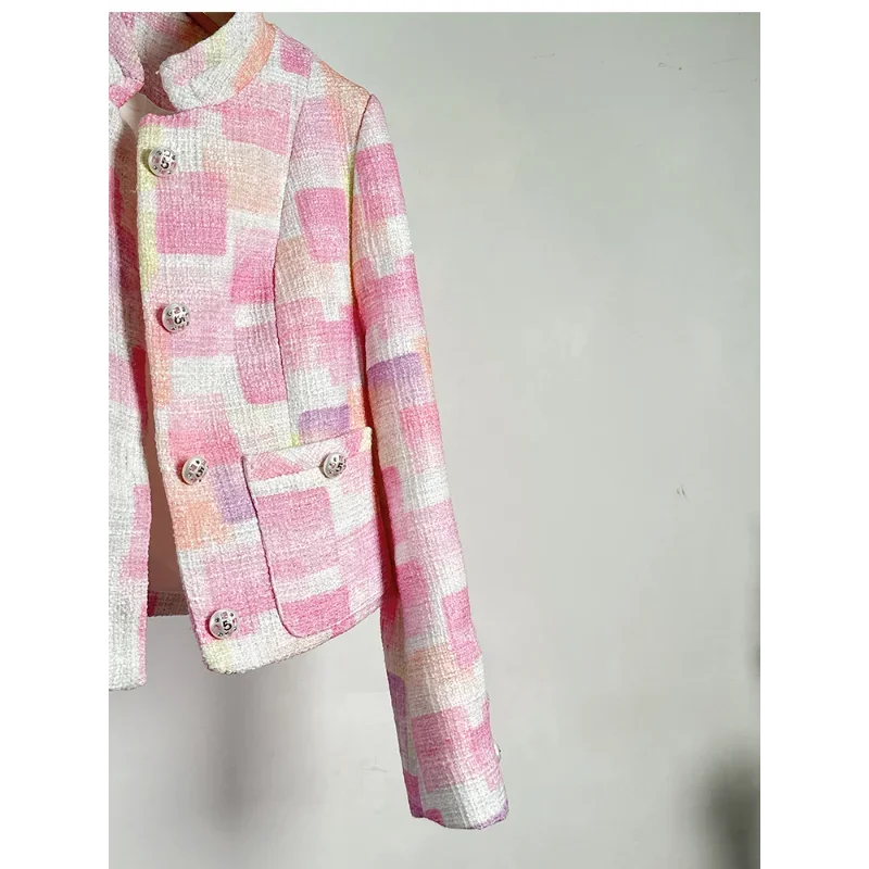 Plaid Small Fragrant Tweed Coat Women Temperament Ladies High Quality Pink Basic Stitching Casual Loose Fashion Coat Female