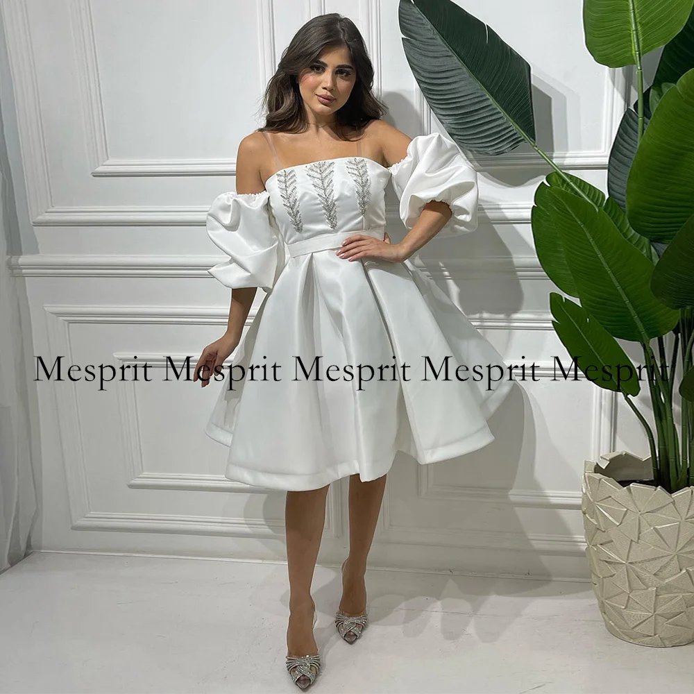 

Short Ivory Party Dress Detachable Sleeves Boat Neck Beading A Line Satin Evening Dress Knee Length Midi Cocktail Dresses