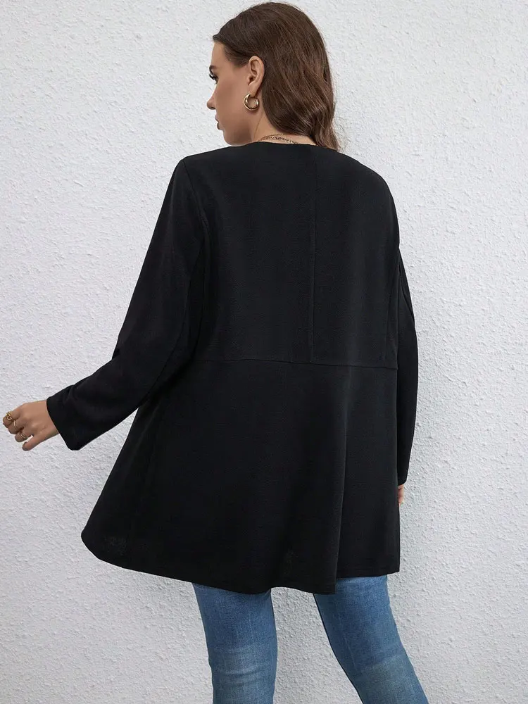 Polyester Crew Neck Blouse Women Long Blouses Plus Size Monochromatic Black Fashion Elegant Free Shipping Autumn and Winter 2024