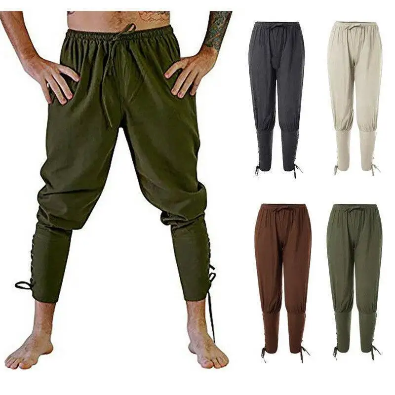 Pirate Pants Adult Men Medieval Renaissance Gothic Cuffed Pants Cotton and Linen Trousers Leg Bandage Halloween Pirate Costume