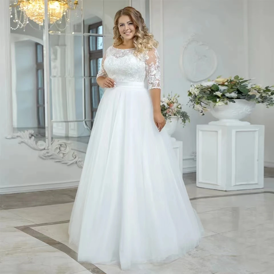 

2024 Elegant O-Neck Plus Size Wedding Dress Tulle With Lace Applique Three Quarter Sleeves Bride Gown A-Line vestidos de novia