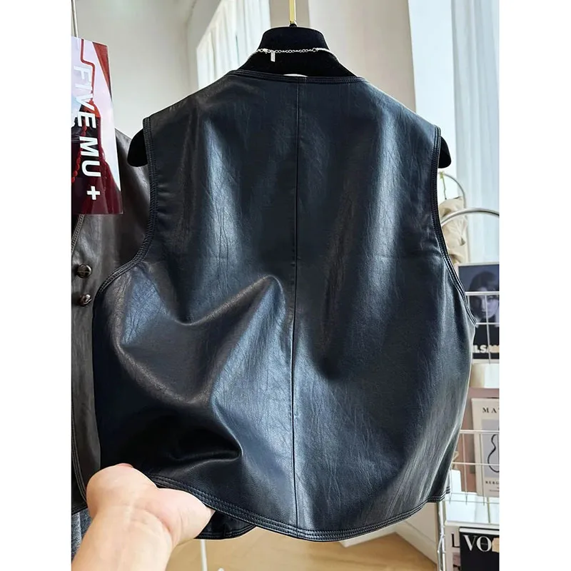 2025 Spring Autumn Vintage Vests Coat Female Sleeveless Leather Waistcoat Outwear Tops Pu Leather Pocket Vest Jacket Women