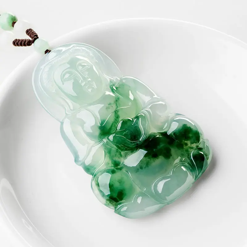 Genuine Myanmar Grade A Jadeite Ice Floating Flower Burma Jade Guanyin Bodhisattva Pendant Necklace Men Women Lucky Charm Amulet