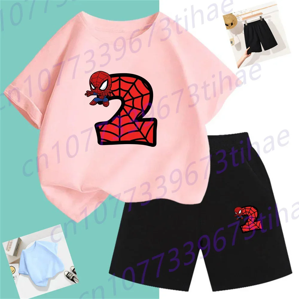 2024 New Summer T-shirt Set Cartoon Spider-man Children Lucky Number 0 - 9 Kawaii Boys And Girls t shirt Top + Pants 2-piece Set