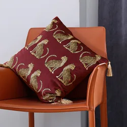 Vintage Leopard Print Cushion Cover Dutch Velvet Gold Border Fringe Pillow Case Nordic Light Luxury Home Throw Pillow Covers