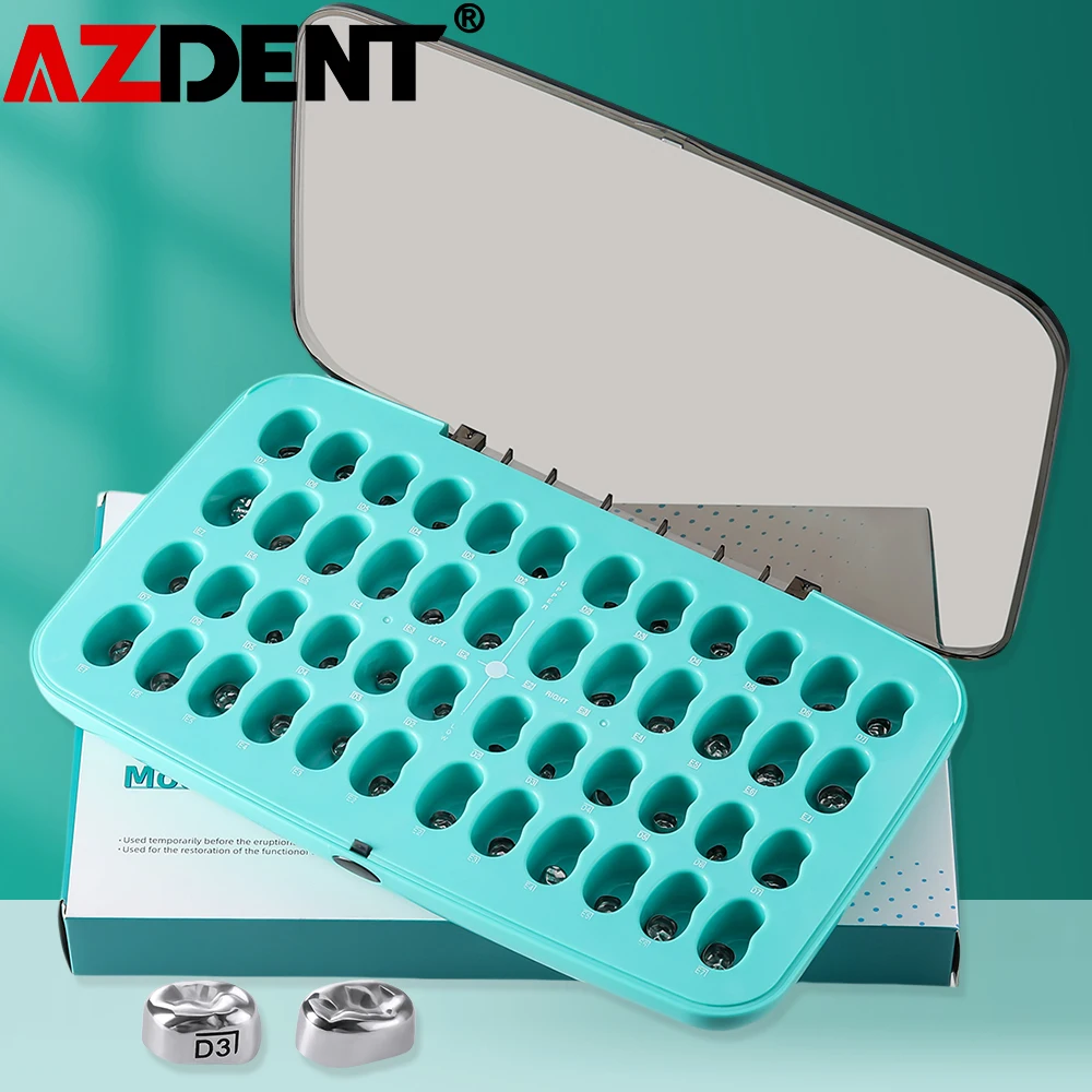 48 Pcs AZDENT Dental Primary Molar Crown Teeth Preformed Stainless Steel Temporary Kids Crowns Kit Pediatric Dentistry Tools