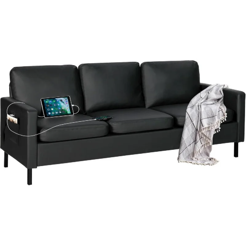 

72" W Faux Leather Black Sofa 3 Seat Couch, Modern Comfy Couch with 2 USB, Small Couches for Living Room Apartment