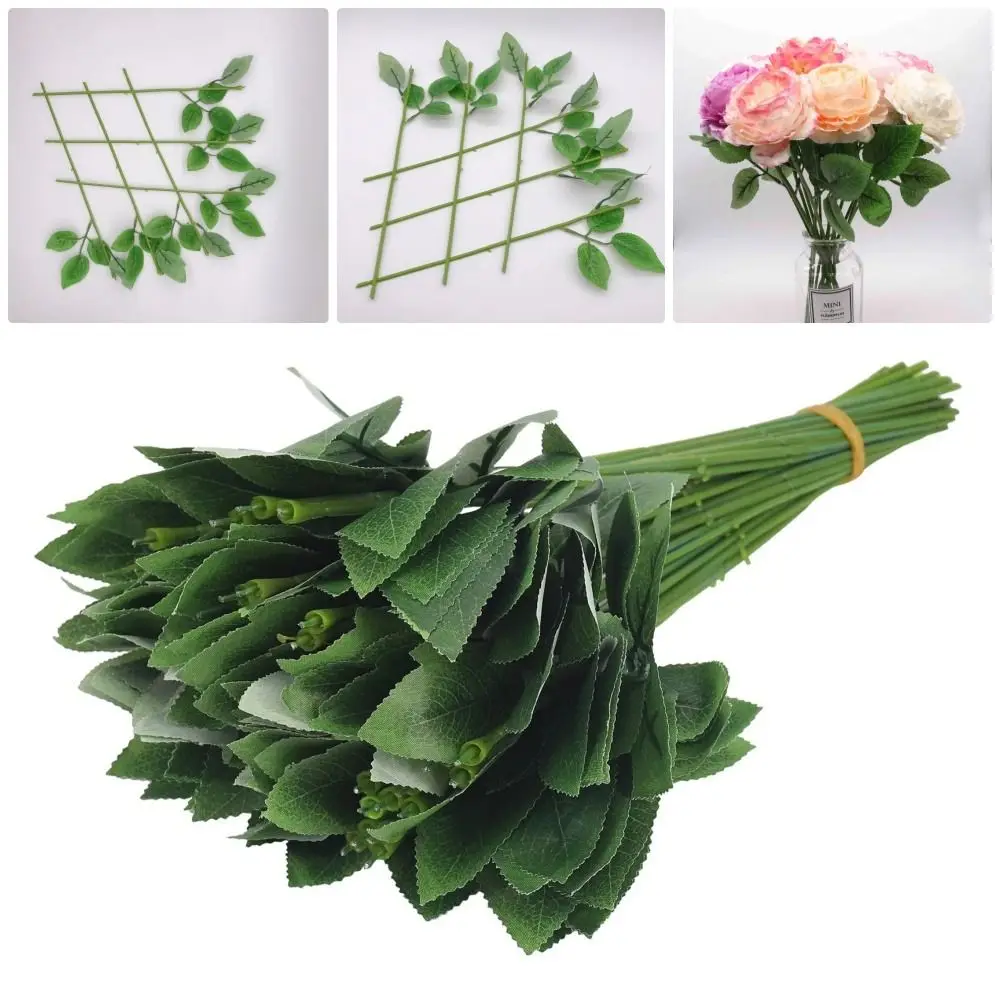 10Pcs with Artificial Leaves Fake Flower Stem Home Decor Gardening Craft Accessories Flowers Stick Rod 33cm DIY