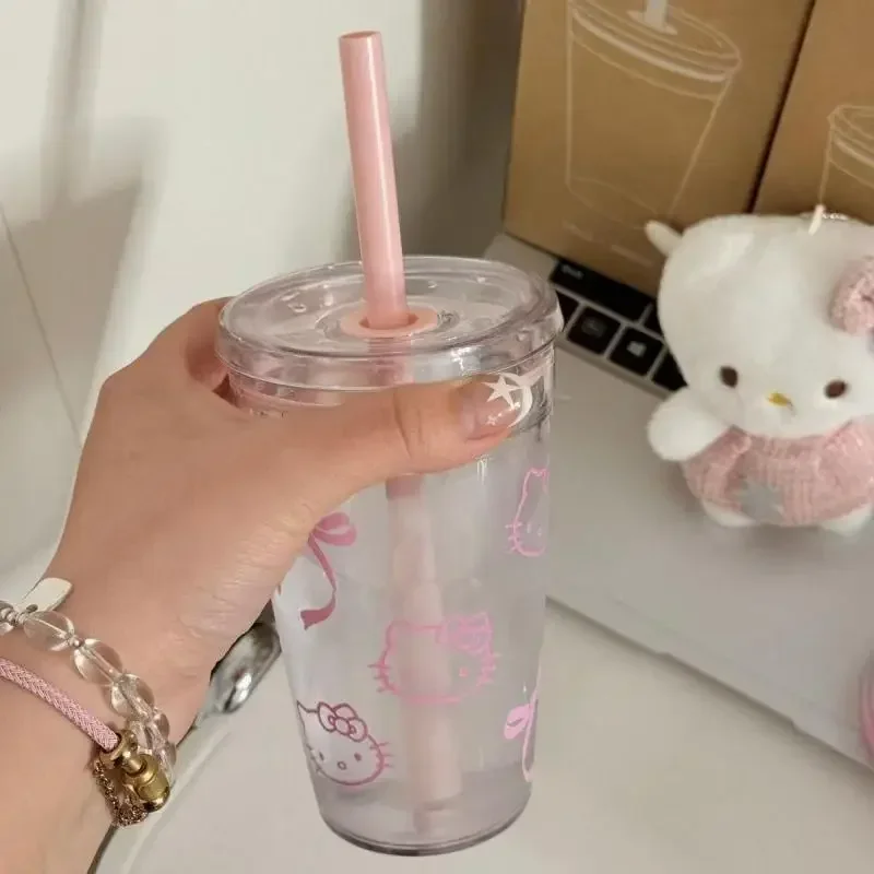 Anime Hello Kitty Pink Straw Cup KT Cat Large-Capacity Transparent Plastic Water Cup Kawaii Plastic Portable Cup Christmas Gifts view 4