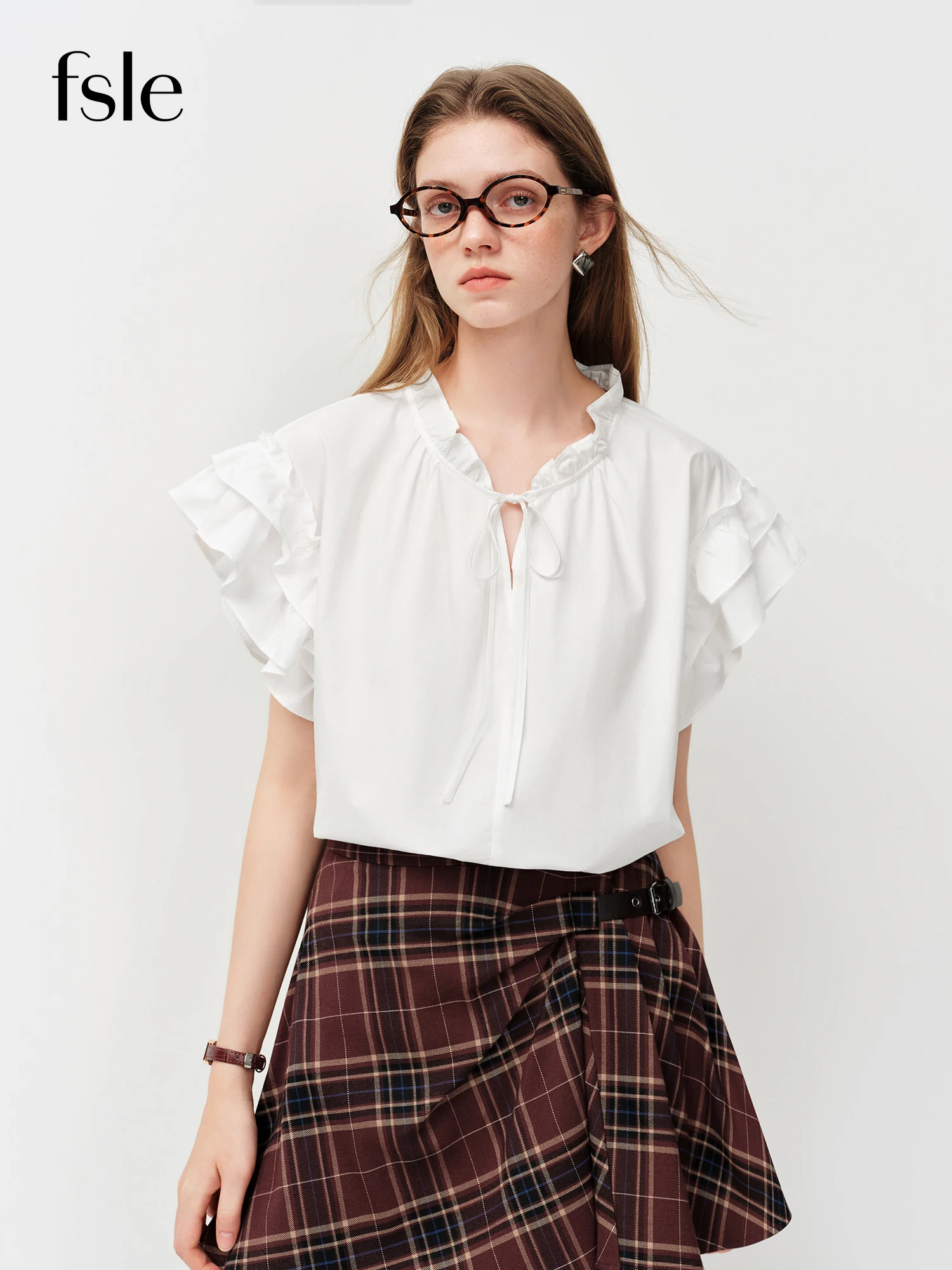 

FSLE Sweet & Cute Spring/Summer Ruffled-Hem Sash-Trimmed Small Puffed-Sleeve Cotton Shirt for Women: 2026 New Arrival White Top