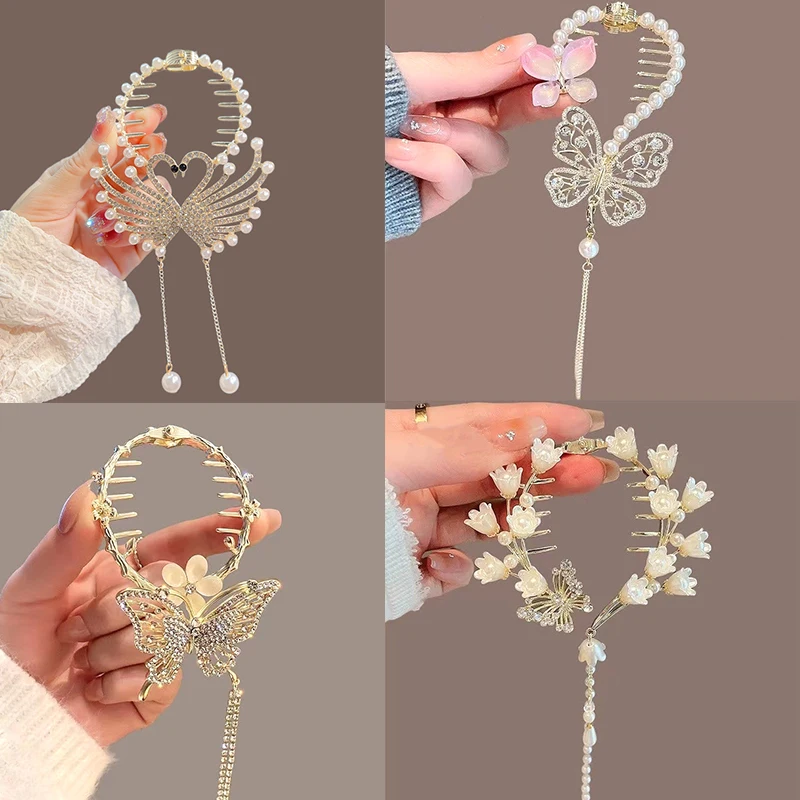 Butterfly Bell Orchid Hair Claw Clip Swan Tassel Pill Head Ponytail Buckle Pearl Hairpin Girl Barrette Hairclip Hair Accessories