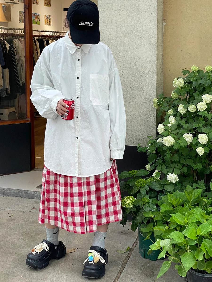 REDDACHiC Checkered Oversized Casual Wide Pants Women Elastic Waist Cotton Linen Straight Baggy Jorts Summer Korean Streetwear