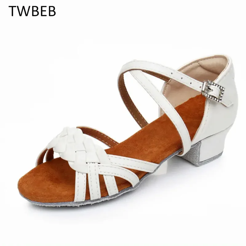 New White Leather Girl Ballroom Dance Shoes Children Low Heel Ladies Women Latin Dance Shoes Kids Professional Dancing Shoes