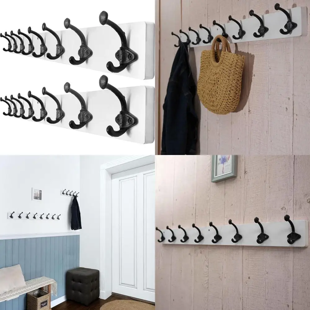 

Heavy Duty 8-Hook Cast Iron Wall Mount Coat Rack, 35.43 Long, Black & White, 2-Pack