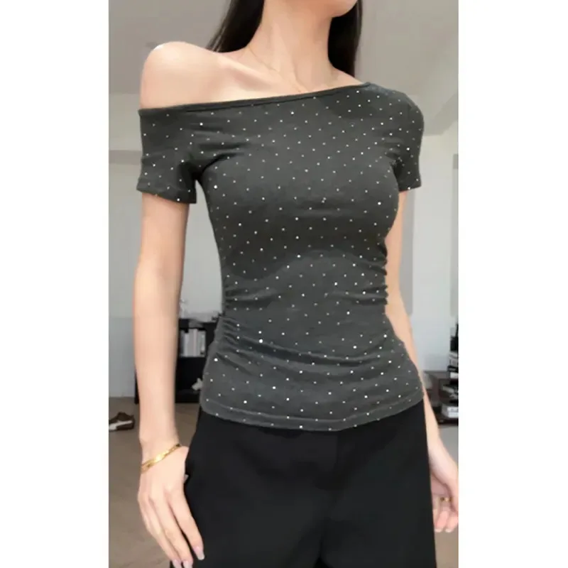 Hotfix American Vintage Skew Collar Crop Top Sexy Slim T-shirt Premium Literary Moda All-match Hot Sell Top