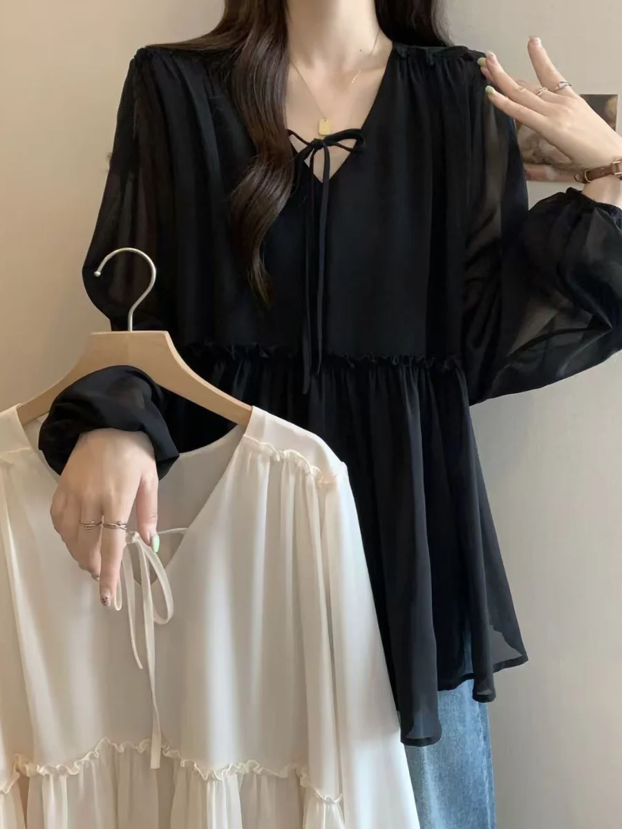 

plus Size Women's Long Sleeve Chiffon Shirt Loose Fitting Conceals Flaws Slimming Top Fashionable Commute Style Polyester Fiber