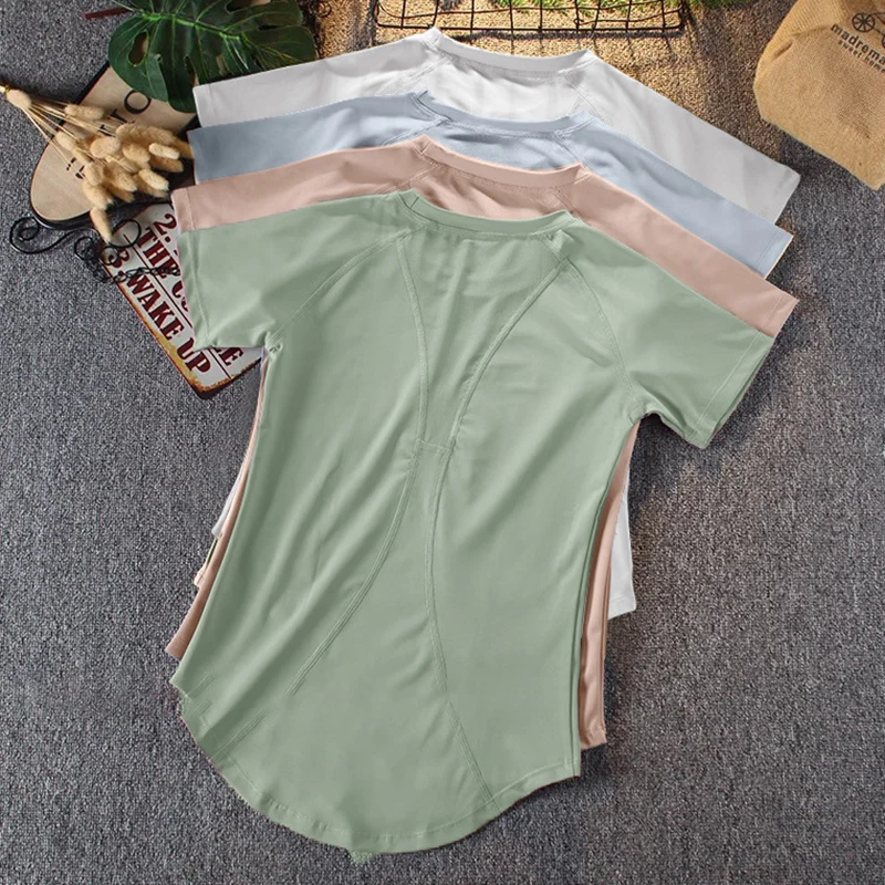 Быстросохнущая спортивная футболка с коротким рукавом, женская тонкая дышащая футболка для тренировок по бегу, женская однотонная футболка с круглым вырезом и рукавами для йоги