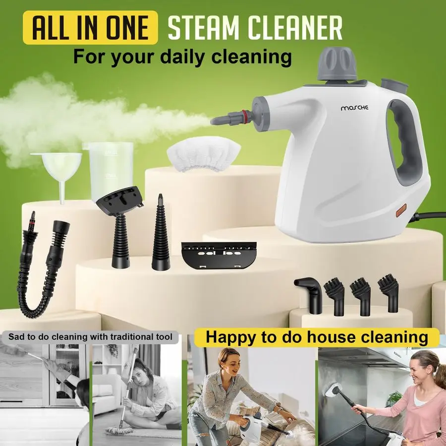 Handheld Steam Cleaner with 11Pieces Accessories, 15.2OZ All Natural Pressurized Steamer for Cleaning, Multipurpose Steam Cleane