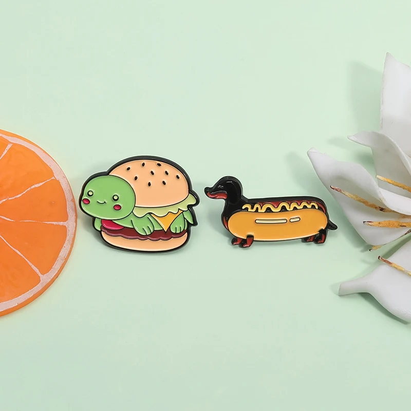 Cartoon Dachshund Hotdog Enamel Pins Funny Cute Burger Turtle Brooches Backpack Lapel Badge Creative Food Animal Jewelry Gift