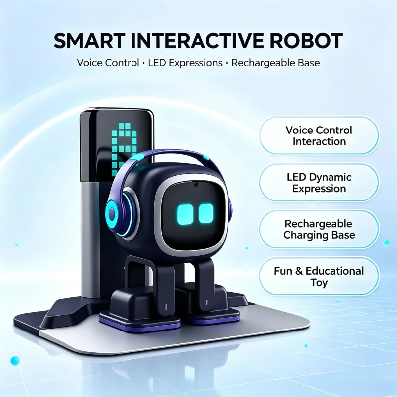 Smart Interactive Desktop Robot Toy USB Rechargeable LED Dynamic Expressions Touch Control Dance Music Charging Dock Feature