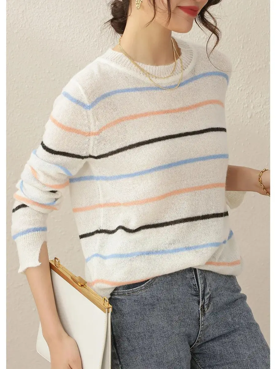 LOUIS YAO Women Sweater Colorful Striped Top Round O Neck Loose Fit Casual Long Sleeve Basic Women\'s Knitwear