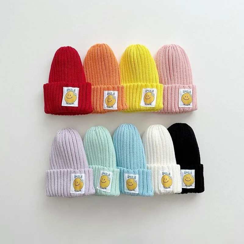 Candy Color Knitted Hats Girls Smiling Face Patch Stretch Woolen Hat Spring& Autumn Cotton Boys Baby New Boutique Cute Hats