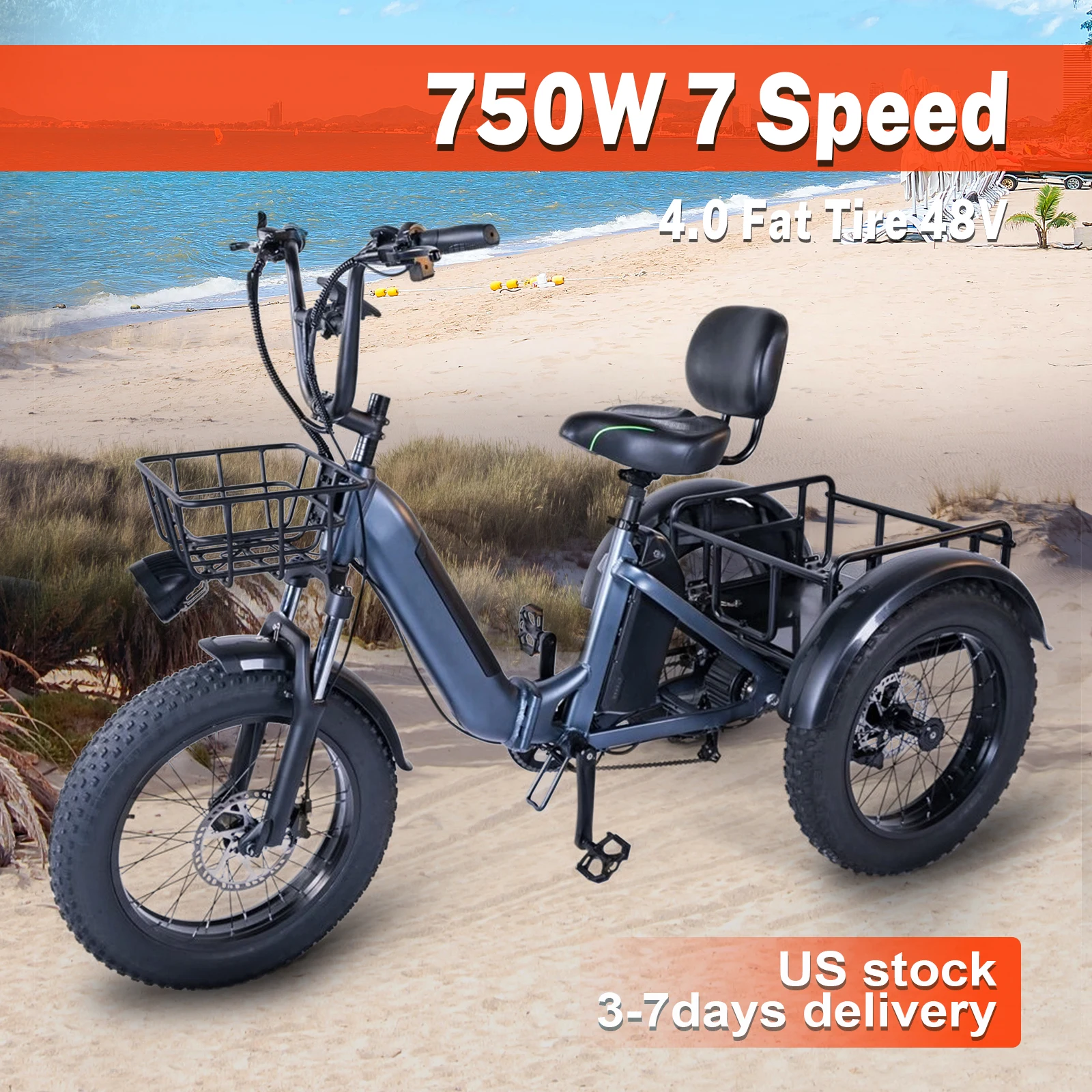 E-Tricycle for Serious Transport 750W Motor, 48V30.5AH Dual Batteries, and 210 kg Load Bearing