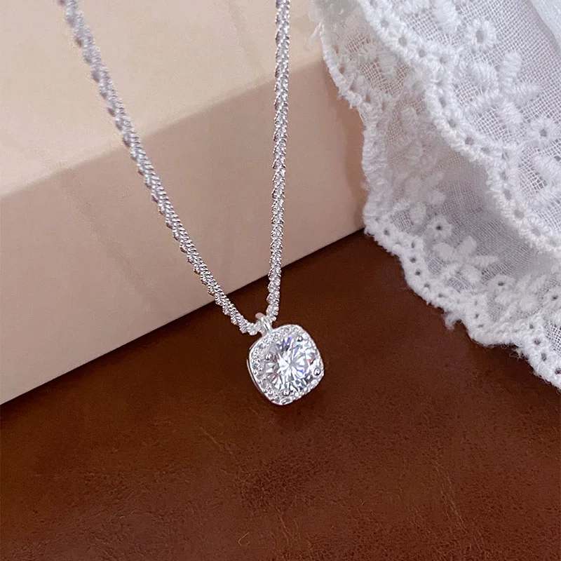 

S925 Pure Silver Women's Necklace Zircon Ripple Square European and American Fashion Jewelry Party Accessories